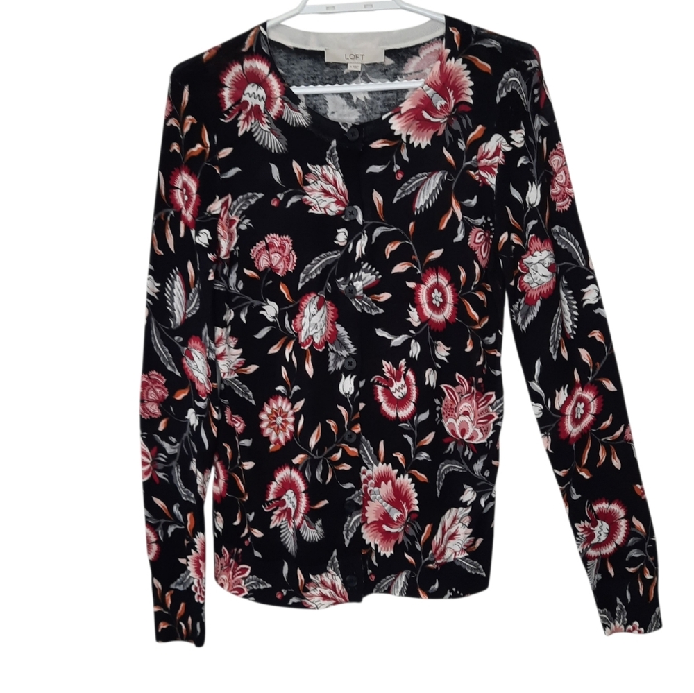 Loft Cotton Dark Floral Cardigan Button Up Classic Lightweight Womens Size M New
